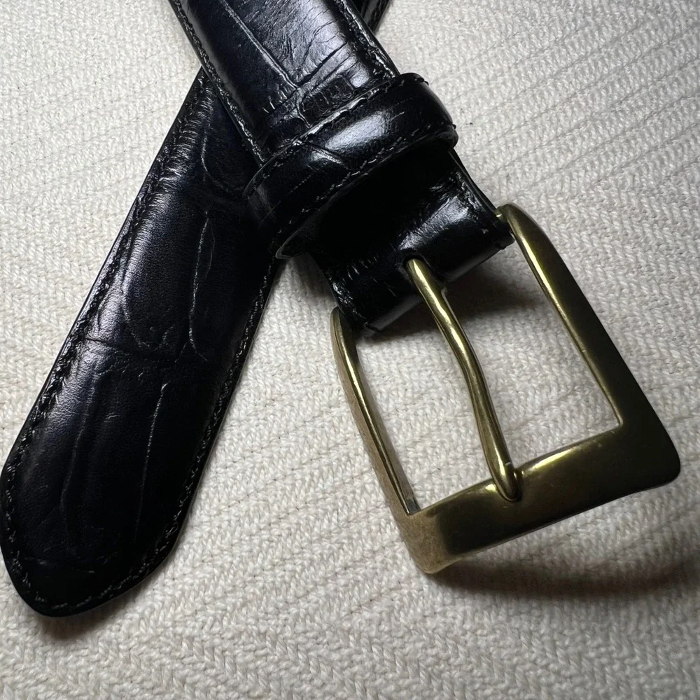 Bosca Essentials Mens Black Italian Leather Croc Embossed Belt Brass Buckle 36